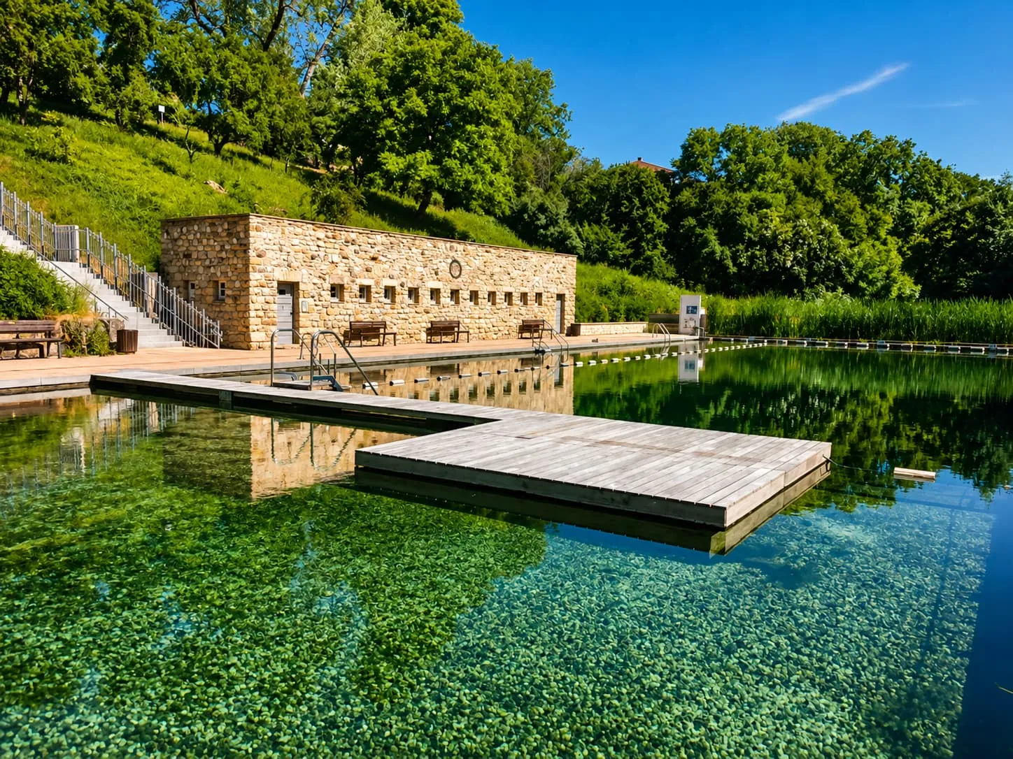 Naturbad Zschonergrund in Dresden — klares Wasser, Holzsteg und Liegewiese im Grünen